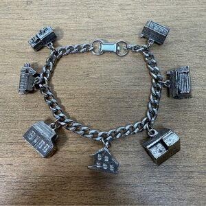 Vintage Charm Bracelet City Landmarks Building Silver Tone Heavy